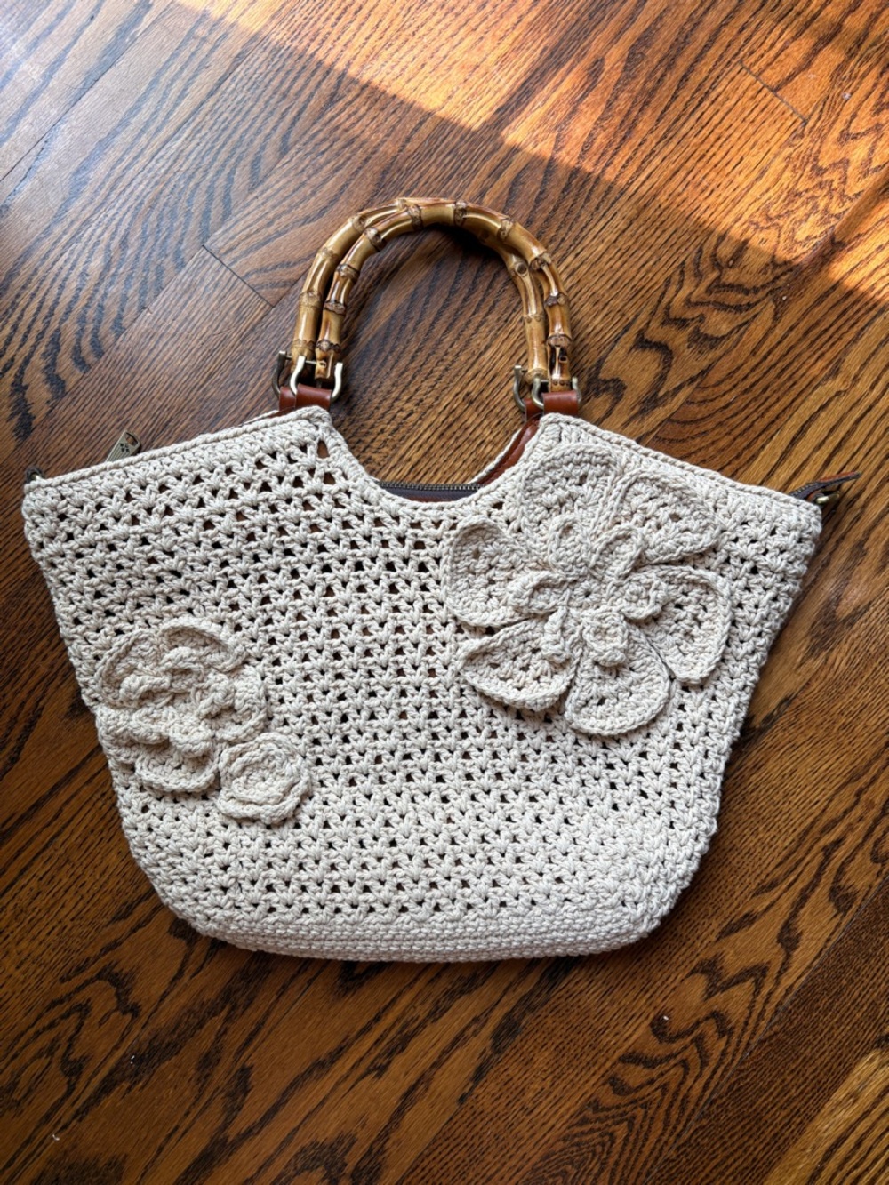Patricia Nash Mazara Crochet Flower and Bamboo Crossbody Tote Bag
